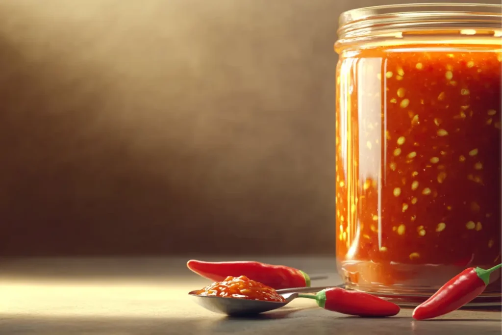 Mexican Hot Sauce sealed in a clear jar, chili seeds visible