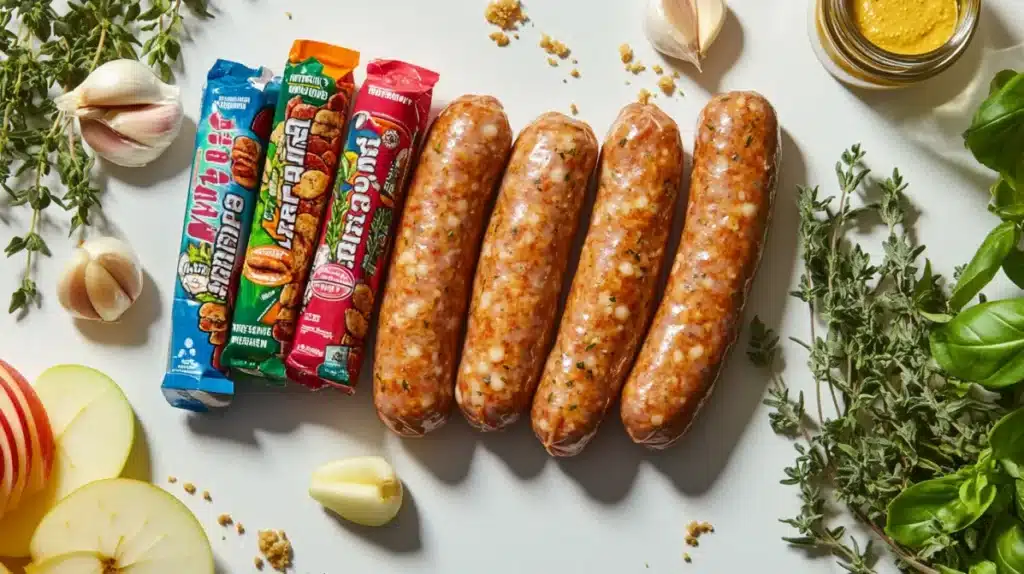 Trader Joe’s chicken sausages in packaging surrounded by fresh garlic, thyme, and apples