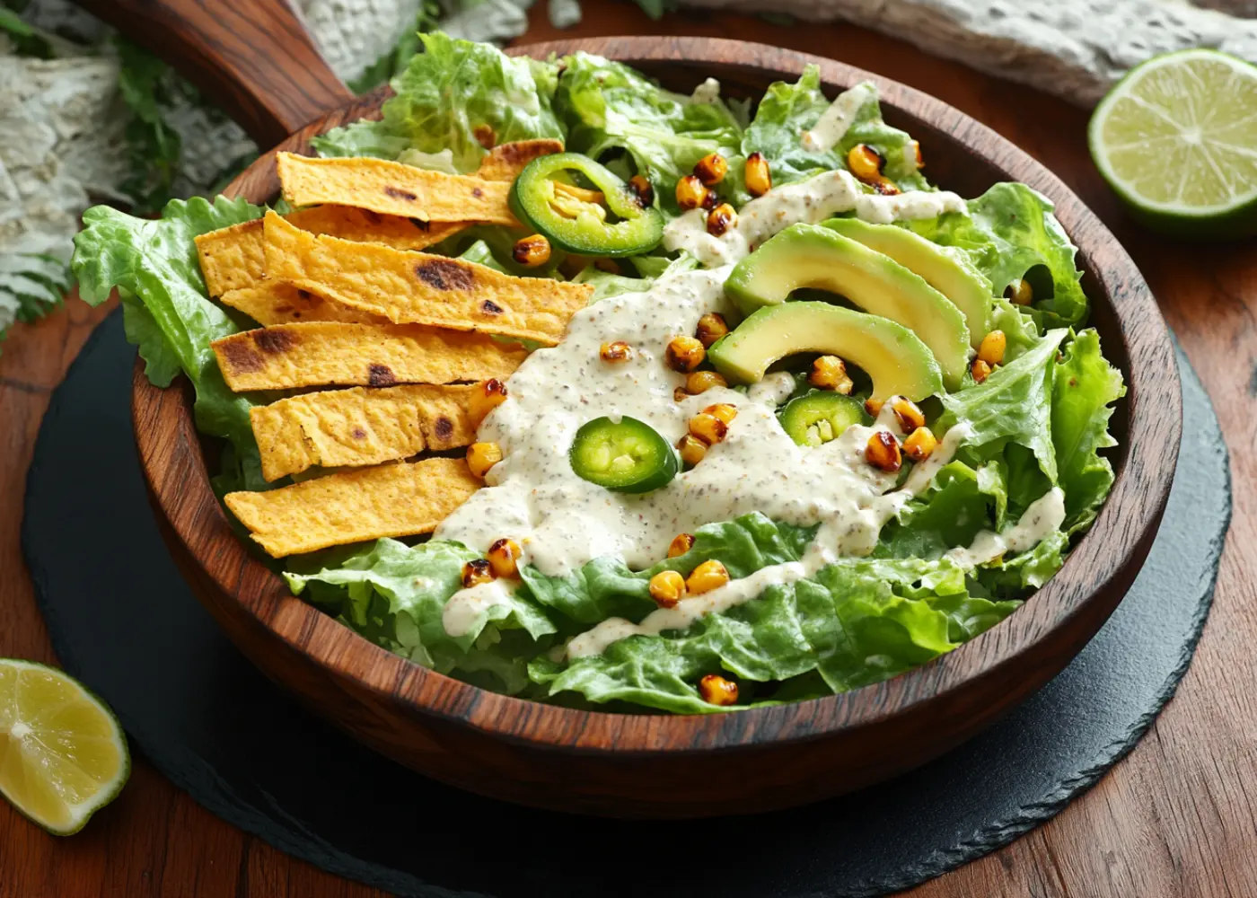 Mexican Caesar Salad with tortilla strips, cotija cheese, and avocado in a wooden bowl