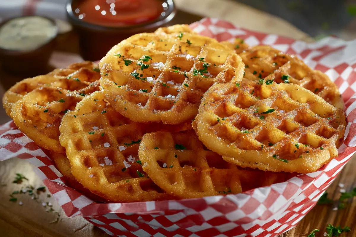 Golden Air Fryer Waffle Fries garnished with parsley, served in a basket with dipping sauces
