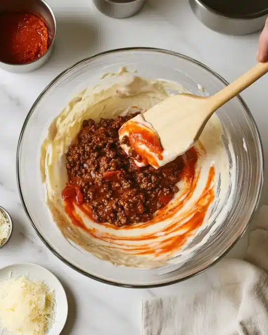 Glass bowl blending Bolognese sauce with creamy ice cream base using a wooden spatula