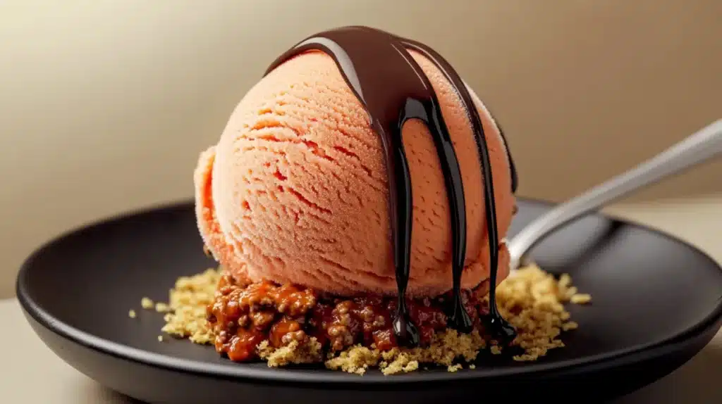 A scoop of creamy Bolognese-flavored ice cream on a matte black plate, garnished with breadcrumbs