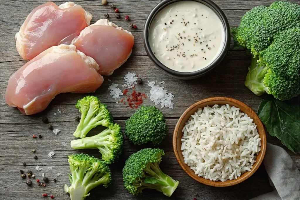 Chicken Broccoli Rice Casserole raw ingredients: chicken, broccoli, rice, soup	