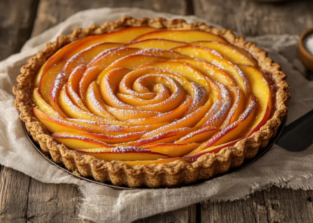 A golden-brown Peach Tart with a flaky crust and glossy peach slices