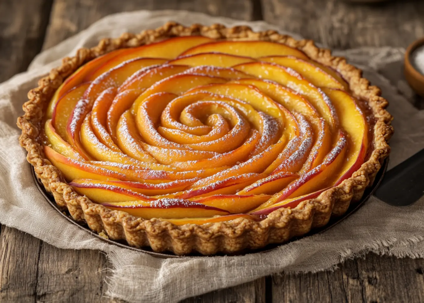 A golden-brown Peach Tart with a flaky crust and glossy peach slices