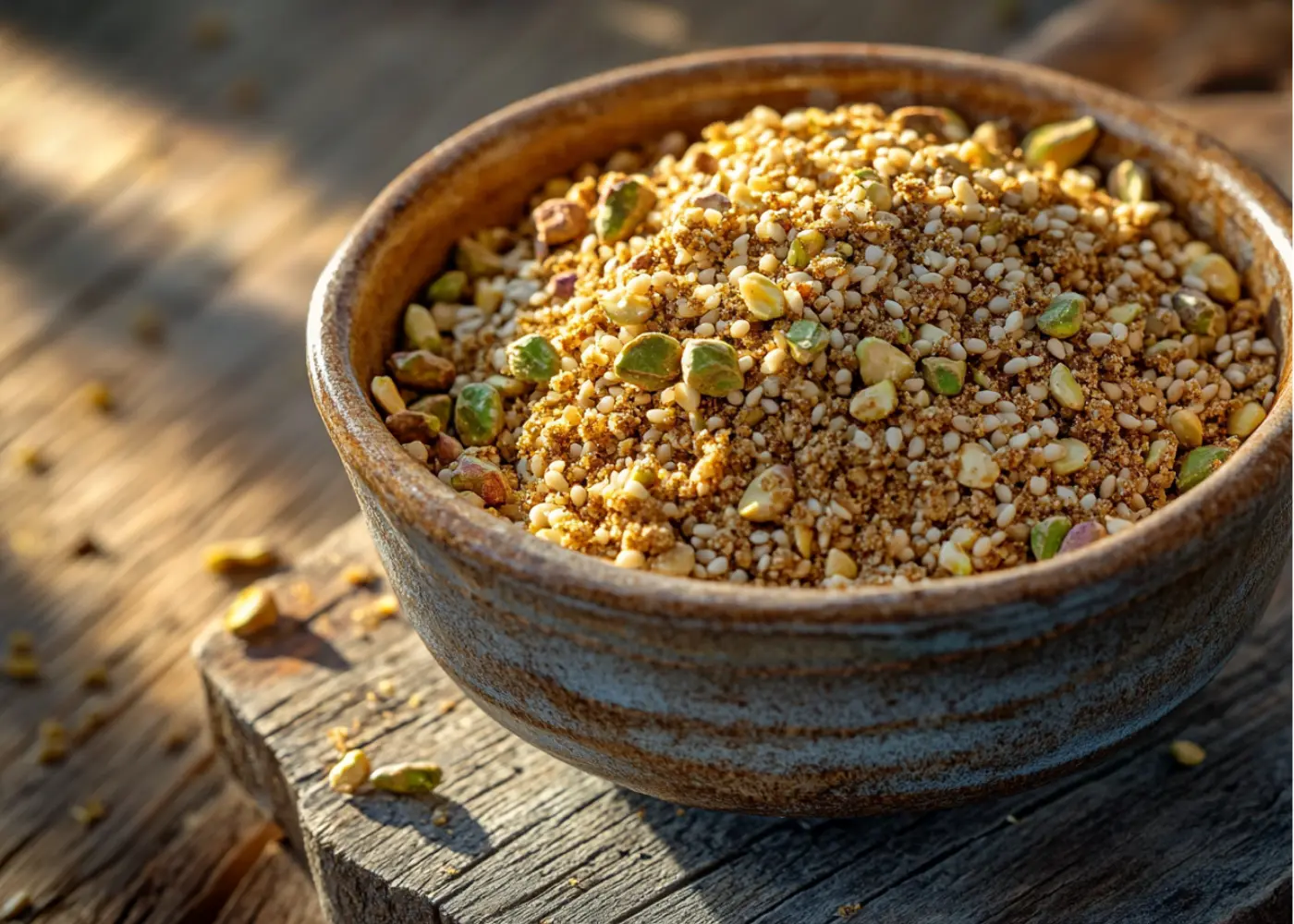 A bowl of freshly ground Pistachio Dukkah, a Middle Eastern spice blend