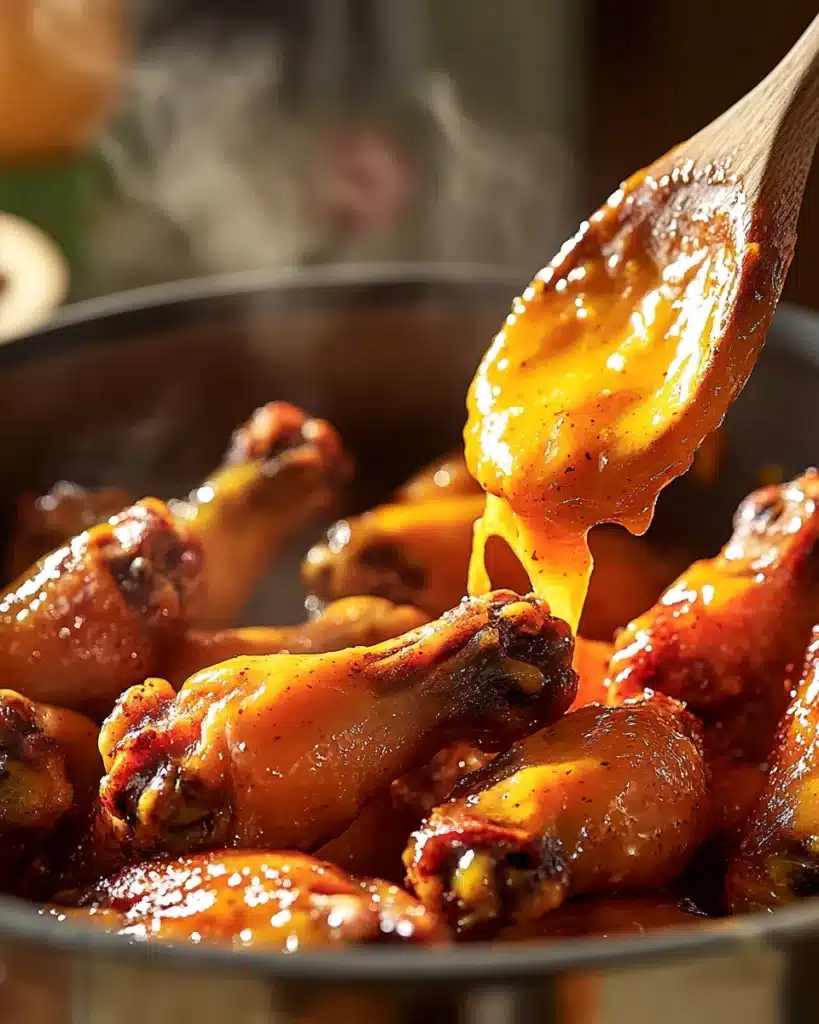 Wings being tossed in sweet mango habanero sauce	