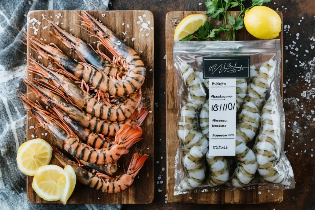 Tiger Shrimp fresh vs. frozen side by side, shell-on vs. peeled	
