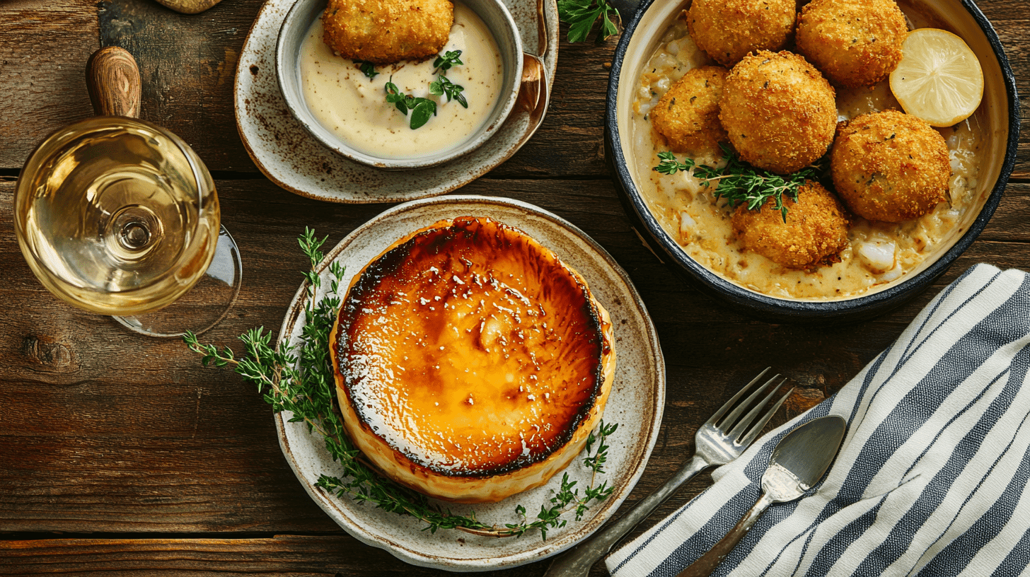 Crab brulee recipe served with crab croquettes and seafood bisque on a dining table.