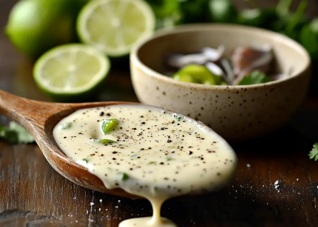 Close-up of creamy Mexican Caesar dressing on a wooden spoon