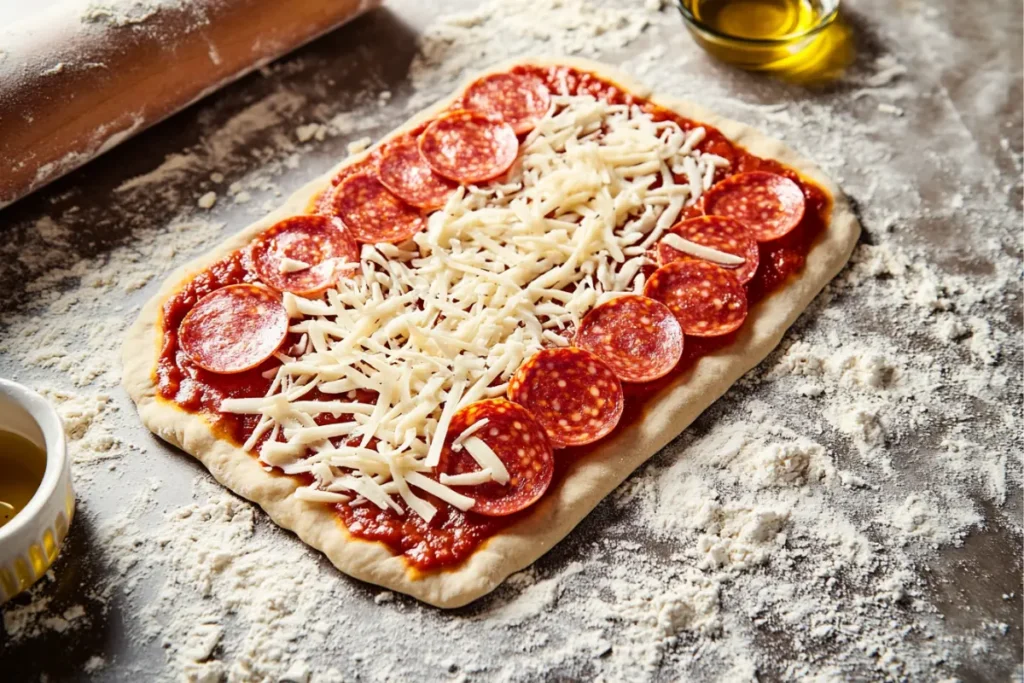 Pizza Sticks assembly with homemade dough, sauce, cheese, and pepperoni	