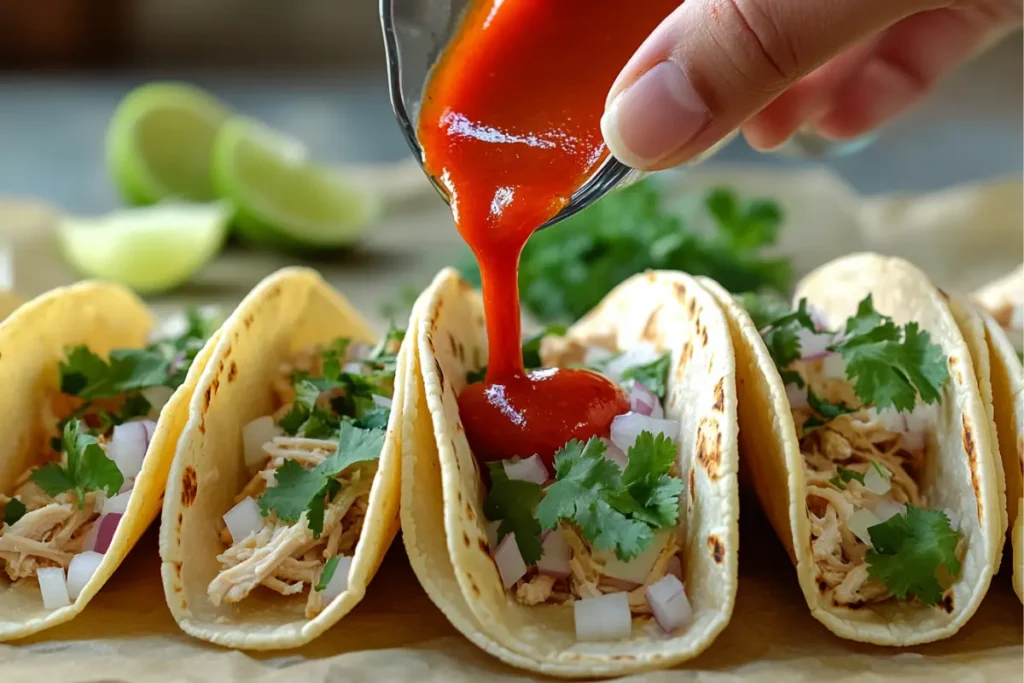 Mexican Hot Sauce being drizzled onto fresh tacos
