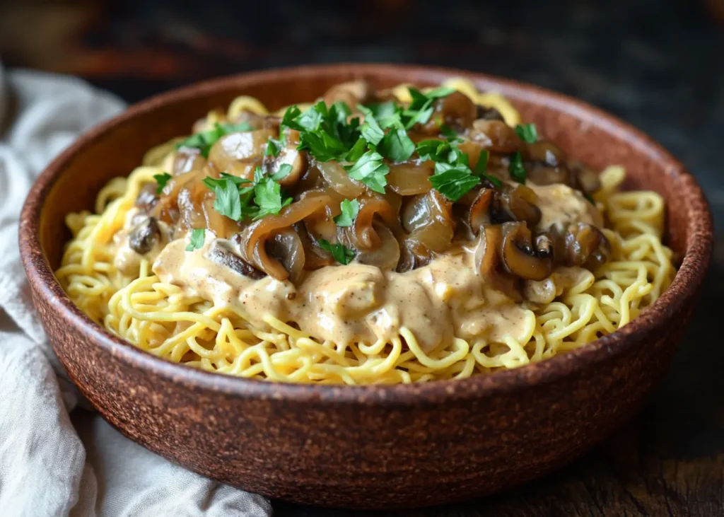 Vegetarian Beef Stroganoff with creamy sauce, mushrooms, and egg noodles