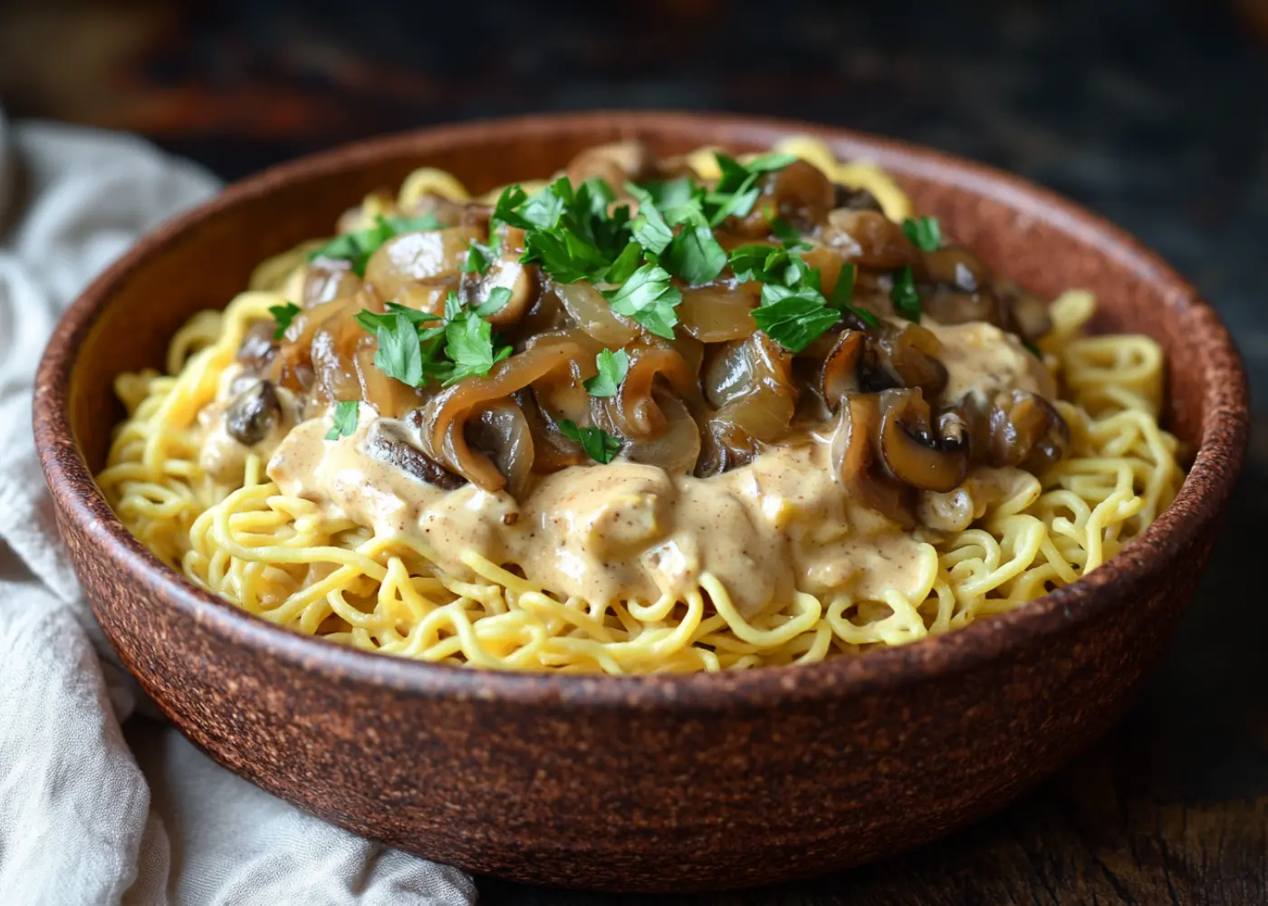 Vegetarian Beef Stroganoff with creamy sauce, mushrooms, and egg noodles