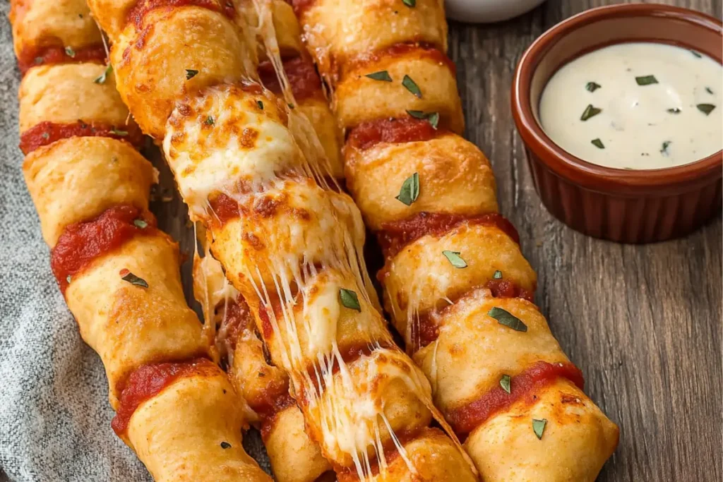 Pizza Sticks freshly baked with cheese pull and marinara dip