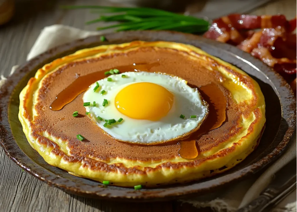 Pancakes and Eggs combination with an egg cooked inside a pancake	
