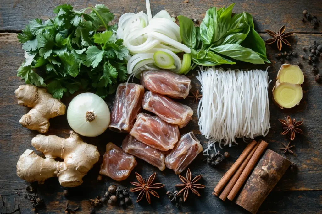 Beef Tendon Pho ingredients with ginger, spices, noodles, and fresh herbs	