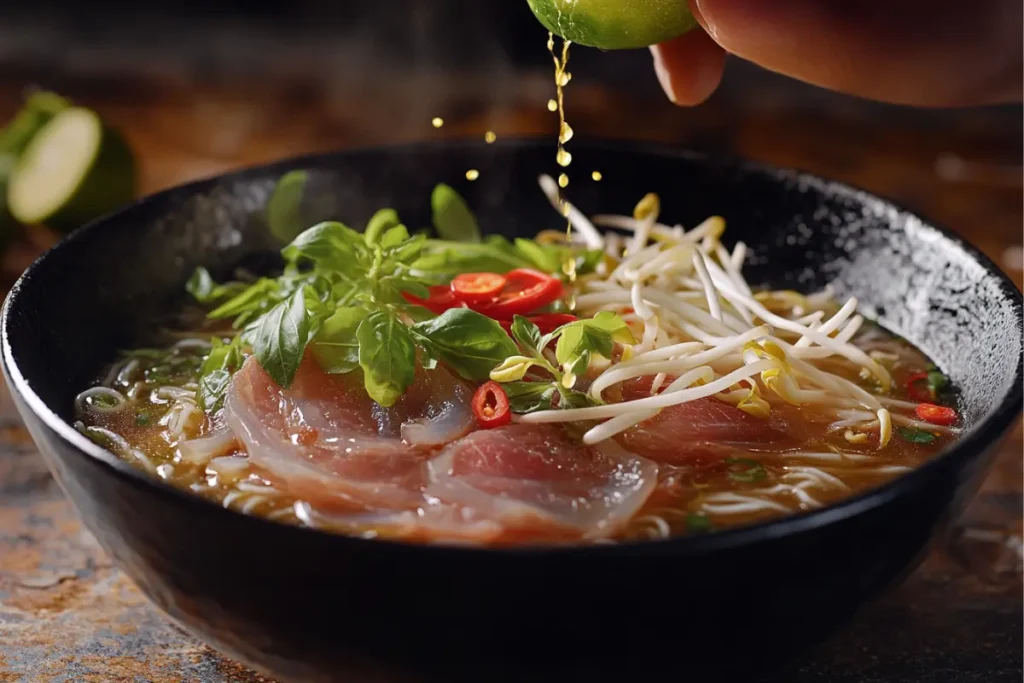 Beef Tendon Pho bowl topped with fresh herbs, chili peppers, and lime wedges
