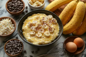 Flat lay of banana pudding brownie ingredients, including bananas, brownie mix, banana pudding mix, eggs, and butter on a marble countertop.