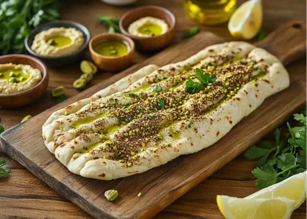 Freshly baked flatbread dusted with Pistachio Dukkah
