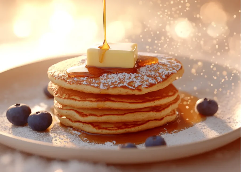 Fluffy pancakes with melted butter and syrup drizzle	