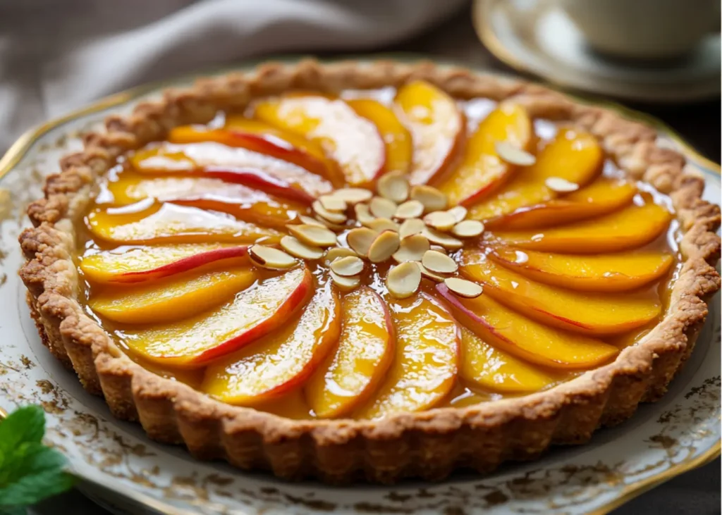 A French Peach Tart with caramelized peaches and a creamy custard filling	