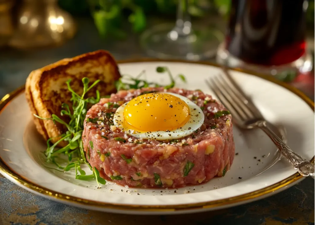 French-style Wagyu beef tartare with truffle oil and brioche toast	