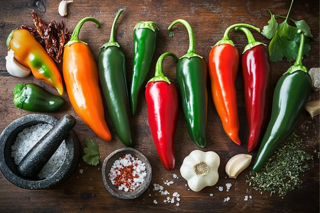 Assorted chili peppers on a rustic board for Mexican Hot Sauce ingredients	