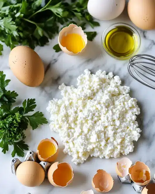 Fresh cottage cheese and eggs with parsley on a marble countertop