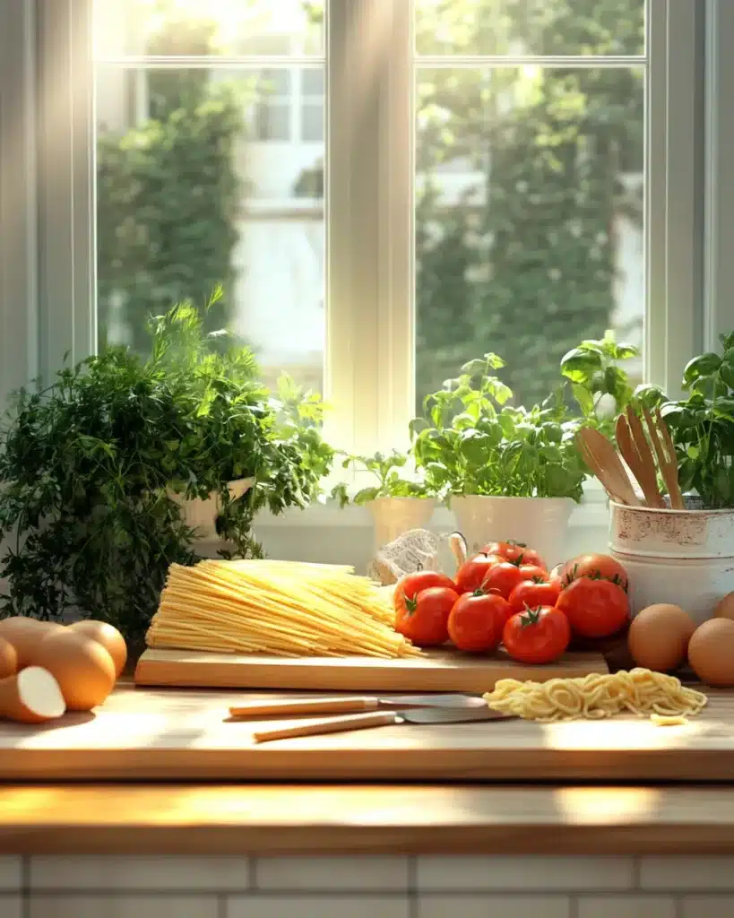 Fresh vegetables and noodles for chicken soup on a wooden countertop
