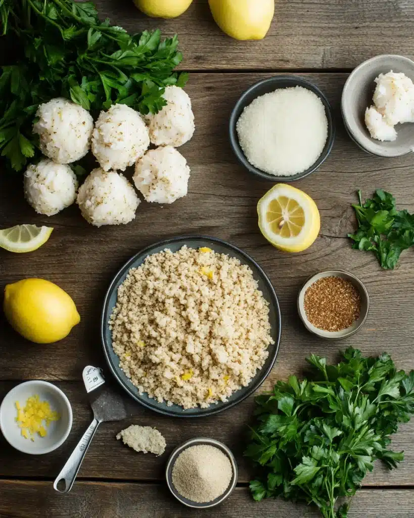 Fresh crab balls ingredients on a table