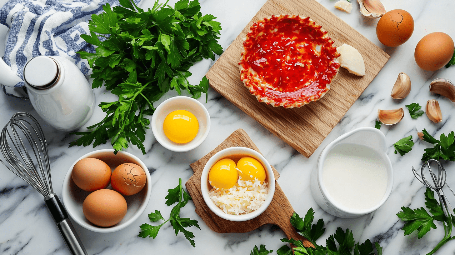 Fresh ingredients for crab brulee recipe, including crab meat, egg yolks, cream, cheese, and herbs.