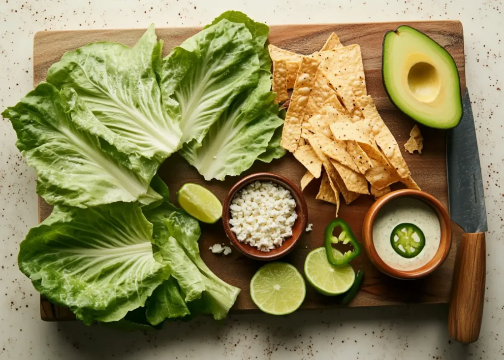 Fresh romaine lettuce, Parmesan, jalapeños, and tortilla strips for Mexican Caesar Salad