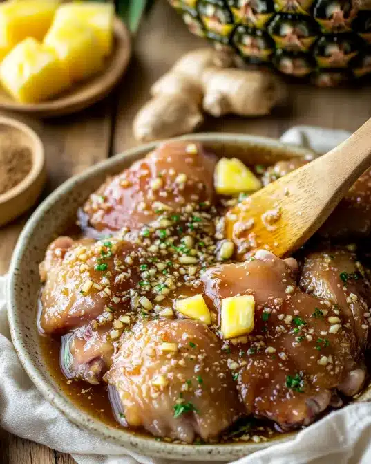 Raw chicken marinated in pineapple juice, soy sauce, garlic, and ginger	