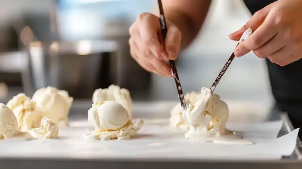 Hands shaping vanilla ice cream into drumstick shapes with chocolate stick bones.	