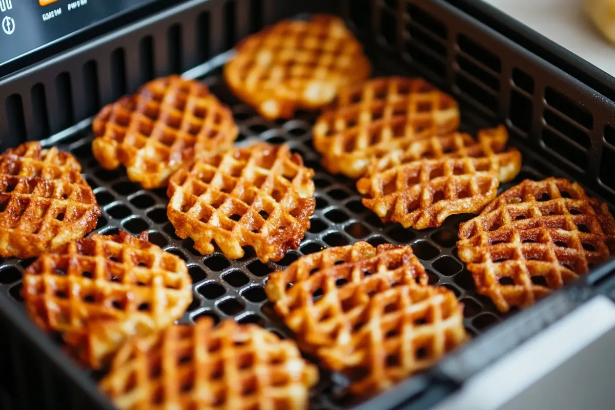 Frozen waffle fries spread evenly in an air fryer basket
