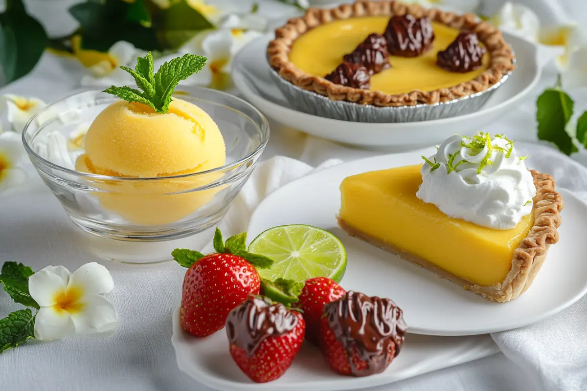 Desserts like mango sorbet key lime pie and strawberries to serve with crab legs