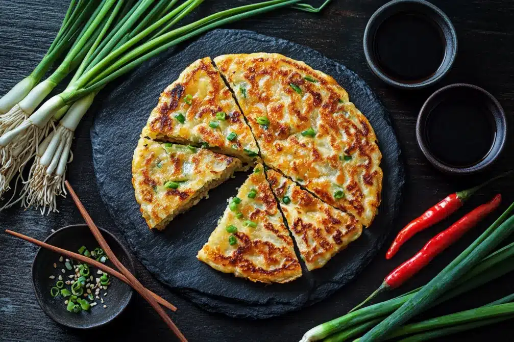 A dynamic display of Trader Joe's Scallion Pancakes with green onions, soy sauce bowls, and chili peppers
