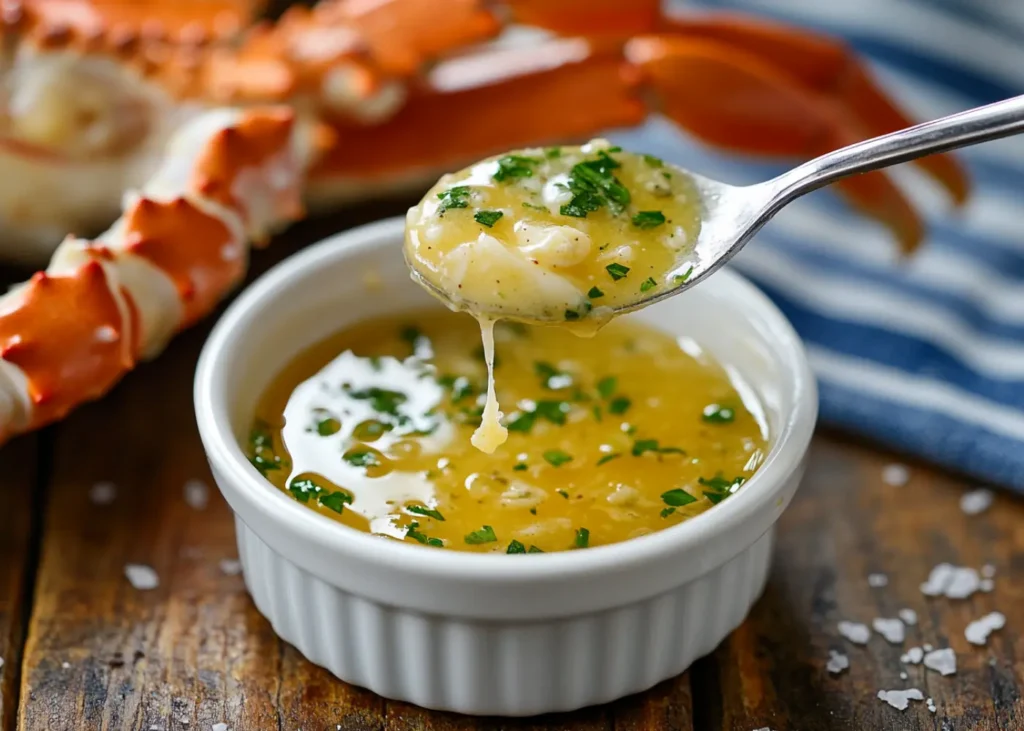 Garlic butter sauce in a bowl with fresh herbs and a silver spoon