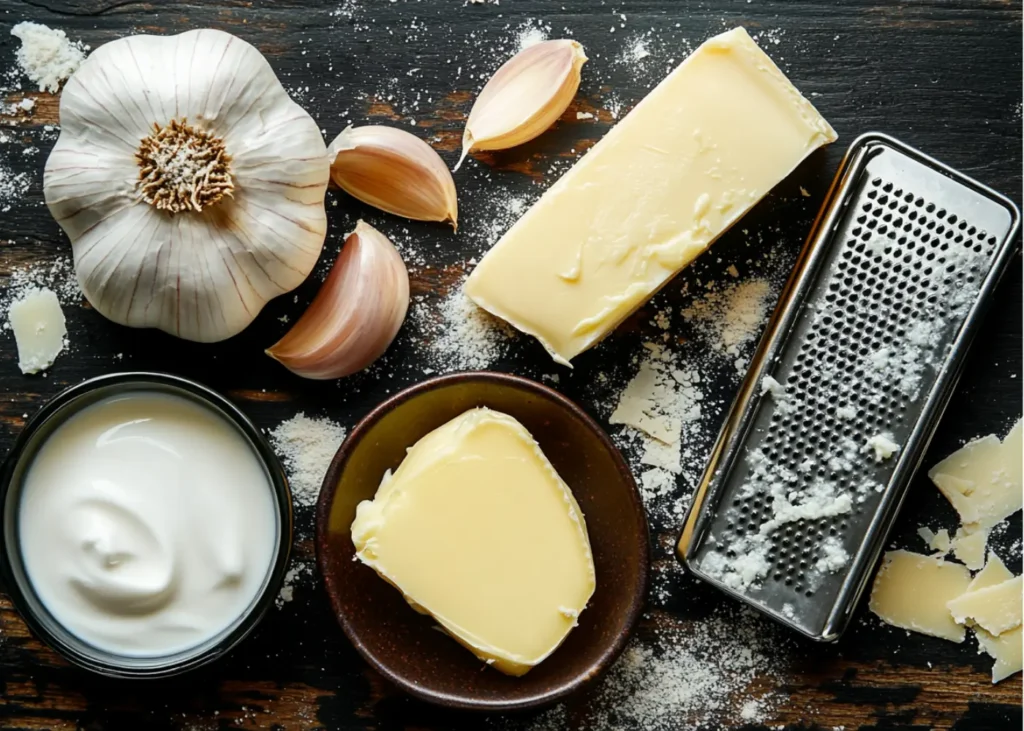 Fresh ingredients for garlic parmesan sauce including butter, garlic cloves, Parmesan cheese, and heavy cream on a rustic wooden countertop.