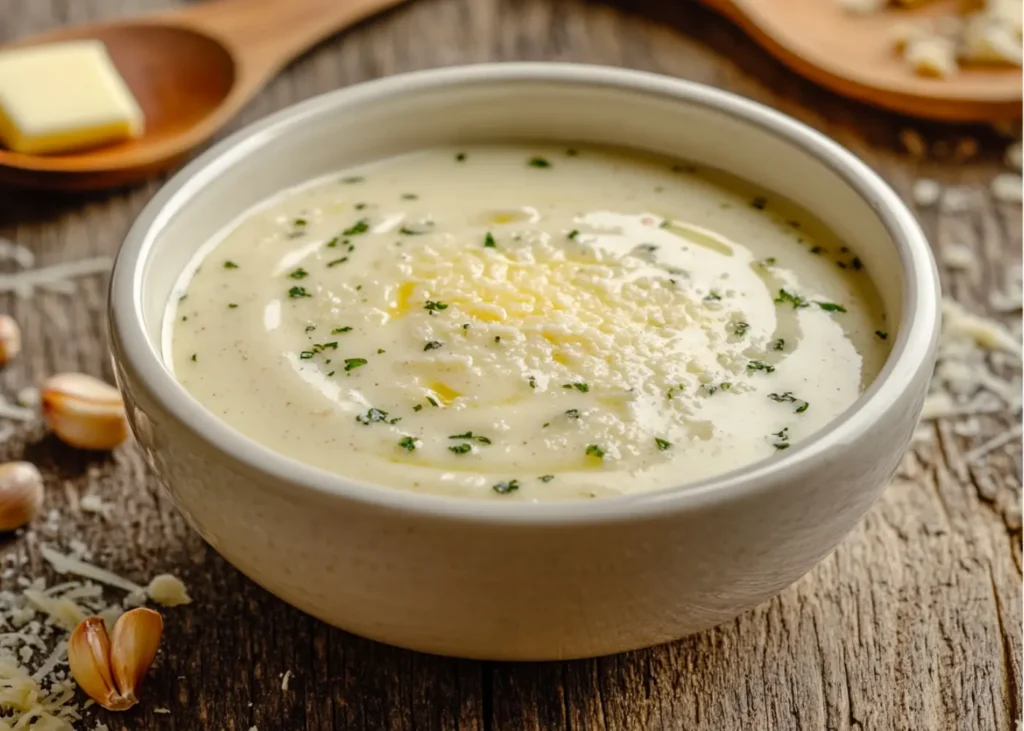 A creamy garlic parmesan sauce in a white ceramic bowl with flecks of Parmesan and garlic, set on a rustic wooden table.