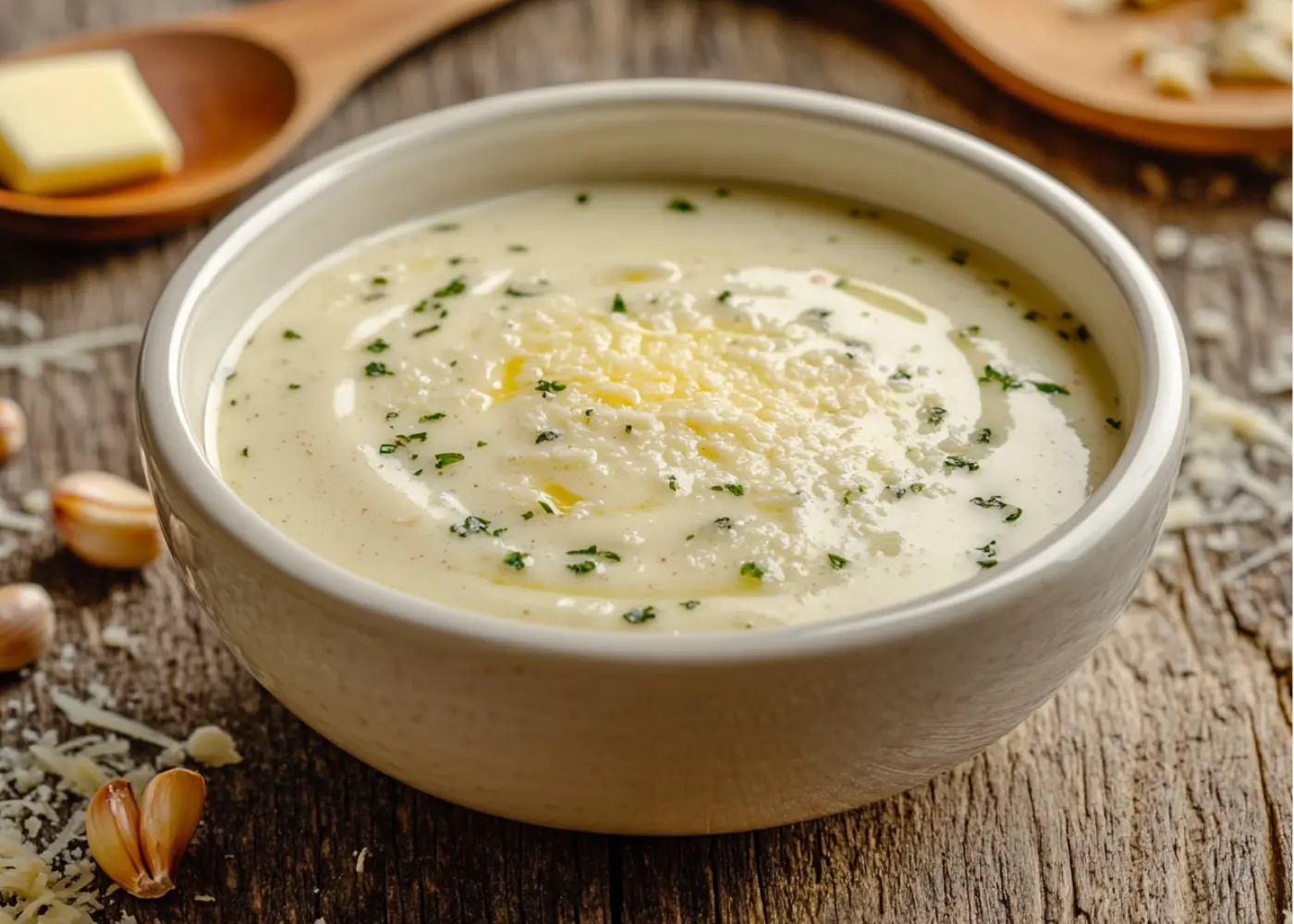 A creamy garlic parmesan sauce in a white ceramic bowl with flecks of Parmesan and garlic, set on a rustic wooden table.