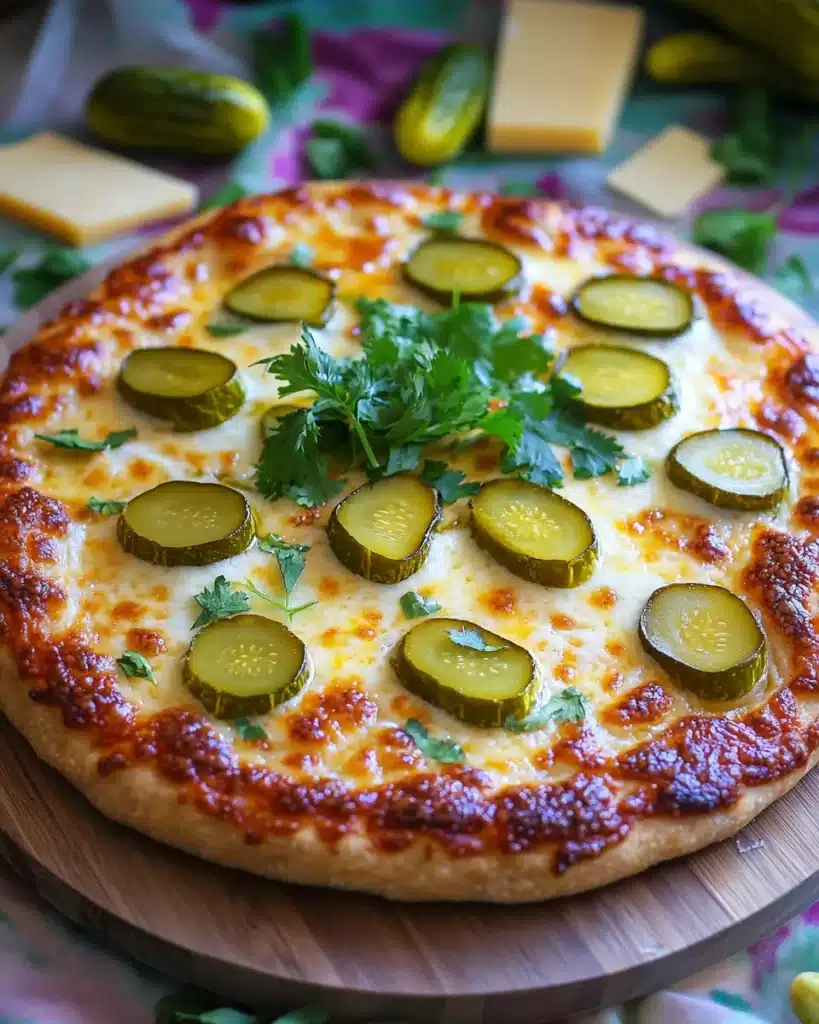 A baked pickle pie pizza with steam rising and garnished with fresh dill.