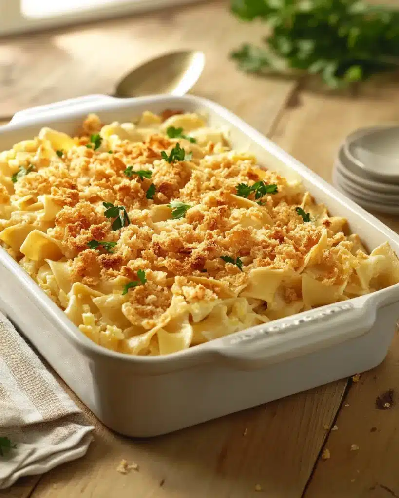 Gluten-free casserole with egg noodles, creamy sauce, and breadcrumbs, freshly baked