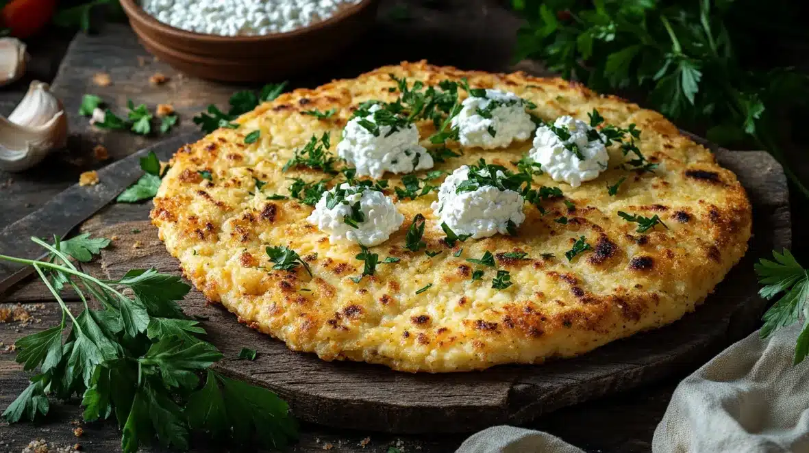 Cottage cheese flatbread with herbs and a rustic wooden background