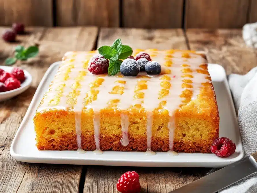 Golden-brown kefir sheet cake topped with glaze and garnished with berries and mint