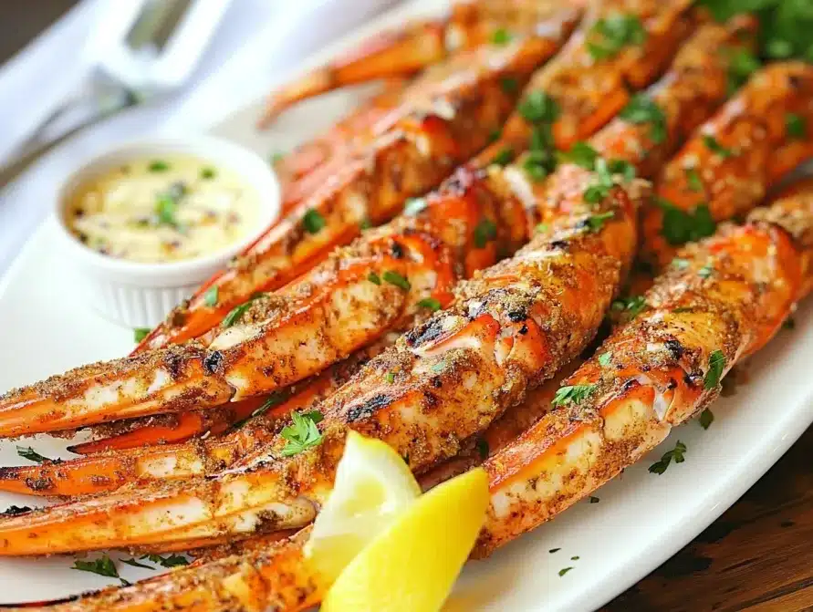 Grilled snow crab legs on a platter, garnished with parsley and served with garlic butter dipping sauce.