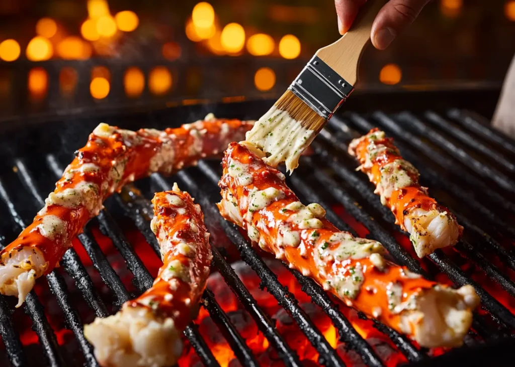 King crab legs grilling over an open flame, with a chef basting them in garlic butter