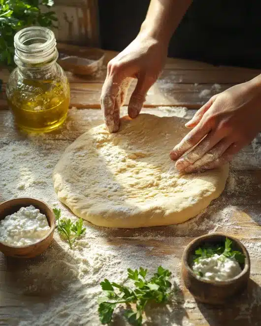 Kneading dough for flatbread on a floured surface