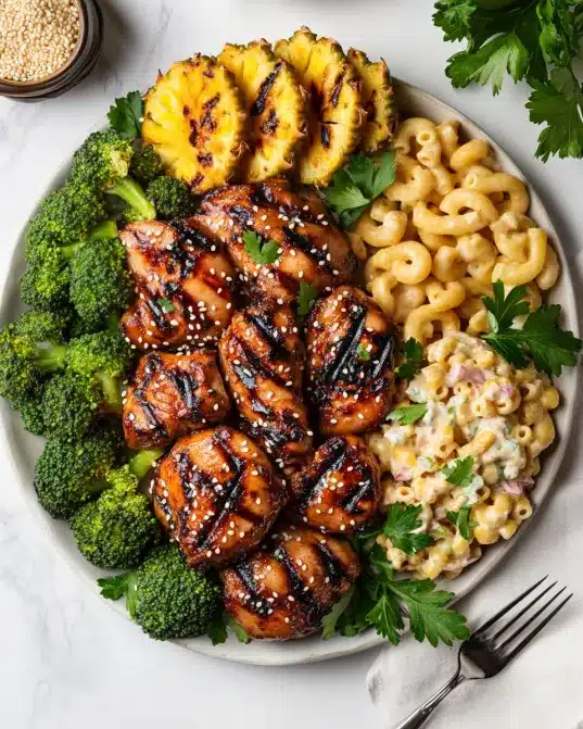 Pulehu chicken platter with sides of grilled pineapple, broccoli, and macaroni salad